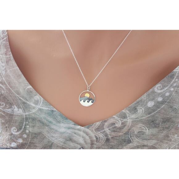 Sterling Silver Mountain and Ocean Pendant with Bronze Sun Necklace - Picture 2 of 5